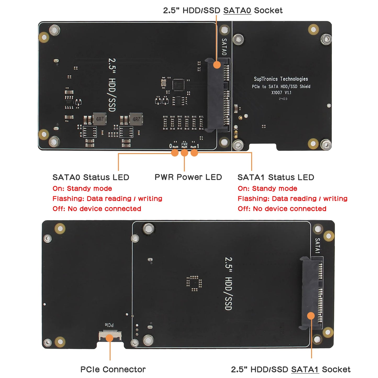 Custom X1007 PCIe to Dual 2.5" SATA HDD/SSD Shield for Pi 5 (NOT Support Boot from SSD)