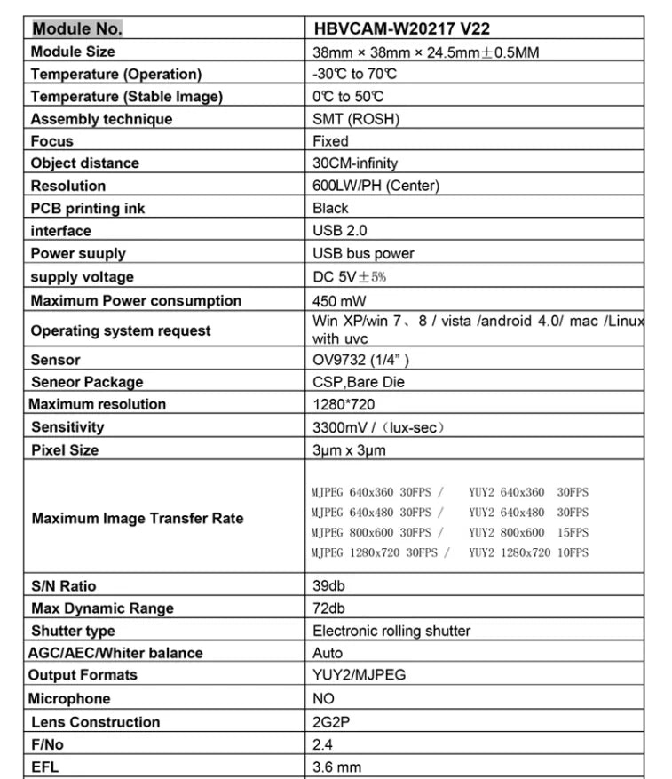 Custom OV9732 100 degrees camera module 2 meters cable 1 million pixels High definition facial recognition all-in-one machine