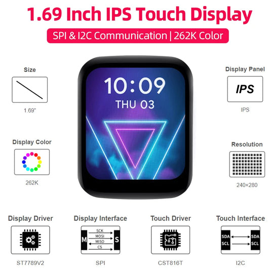 Custom 1.69 Inch Round Display IPS Touch Screen Module Micro LCD 240×280 262K  Monitor SPI & I2C for Arduino     Pi ESP32 STM32