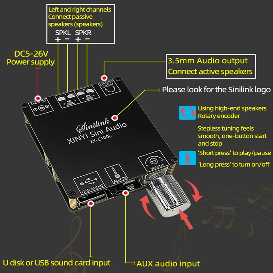 2*100W BT 5.0 Digital Power Amplifier Board  AUX Speaker 2.0 CH Stereo Home Music Wireless Module Audio AMP Customize