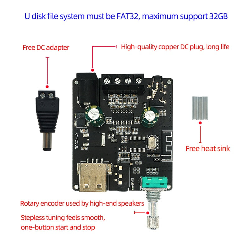 2*50W BT 5.0 Power Amplifier Class D Audio 10W~200W HiFi Stereo Wireless Music Player Mini USB Sound Card App Digital AMP Customize