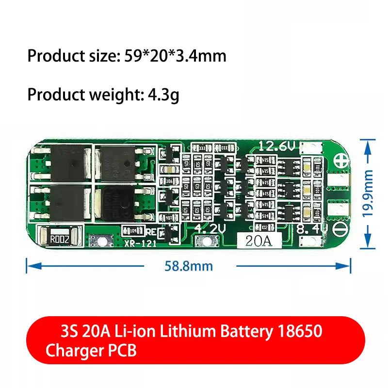 Custom 3S 20A Li-ion Lithium Battery 18650 Charger PCB BMS Protection Board For Drill Motor 12.6V Lipo Cell Module 64x20x3.4mm