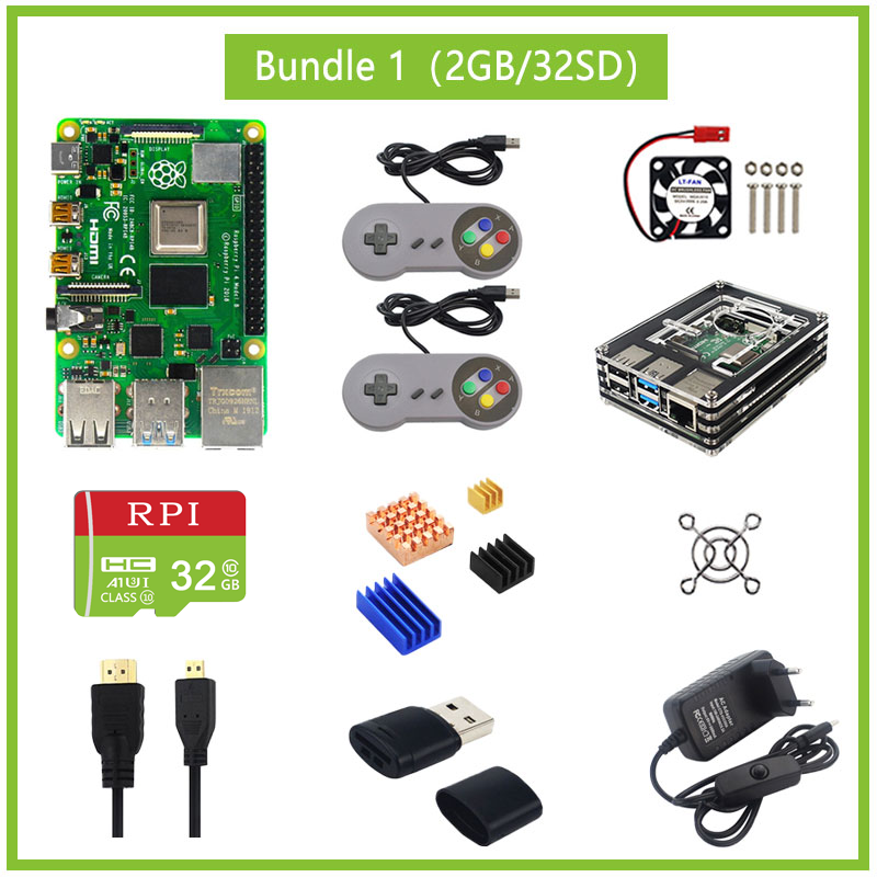 Raspberry Pi 4 2GB/4GB RAM + Acrylic Case + Gamepads Joystick +  Power Supply + Cooling Fan for Raspberry Pi 4 Model B customize