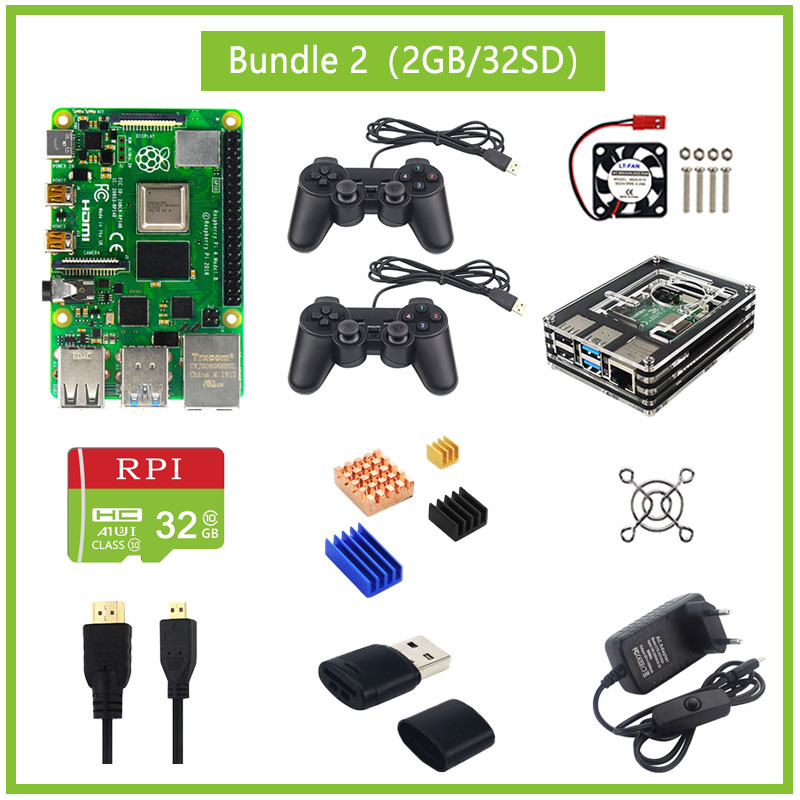 Raspberry Pi 4 2GB/4GB RAM + Acrylic Case + Gamepads Joystick +  Power Supply + Cooling Fan for Raspberry Pi 4 Model B customize