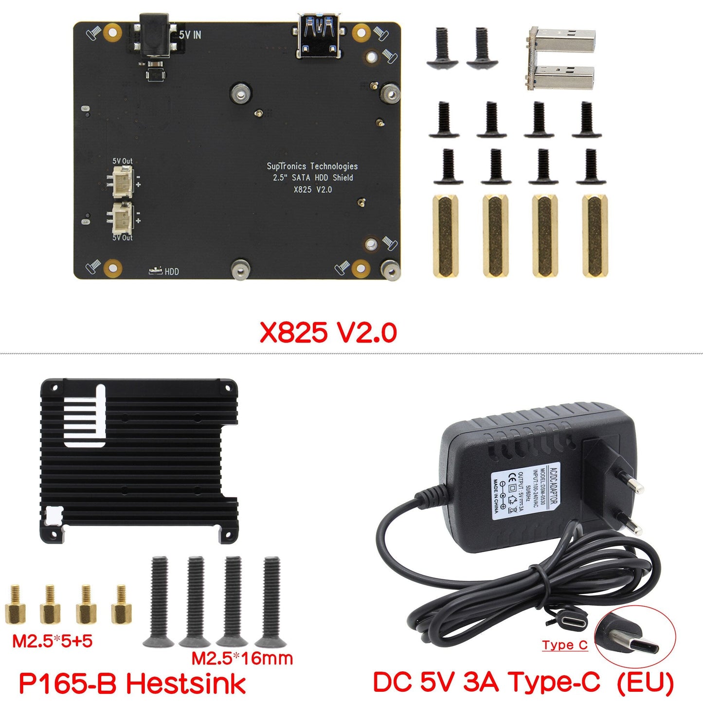 5V 3A Type-C Power Adapter  +  X825 V2.0 2.5 inch SATA HDD/SSD Board for Raspberry Pi 4 Model B
