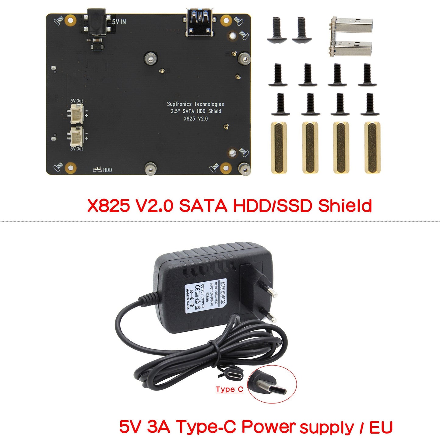 5V 3A Type-C Power Adapter  +  X825 V2.0 2.5 inch SATA HDD/SSD Board for Raspberry Pi 4 Model B