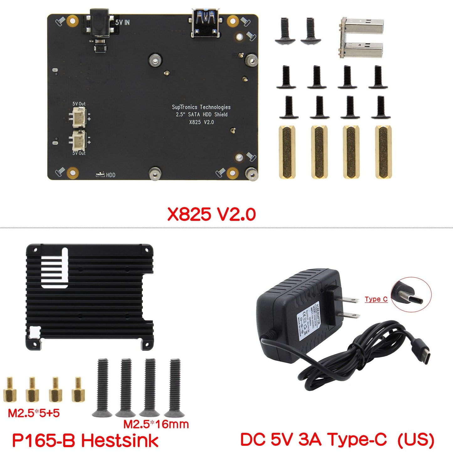 5V 3A Type-C Power Adapter  +  X825 V2.0 2.5 inch SATA HDD/SSD Board for Raspberry Pi 4 Model B