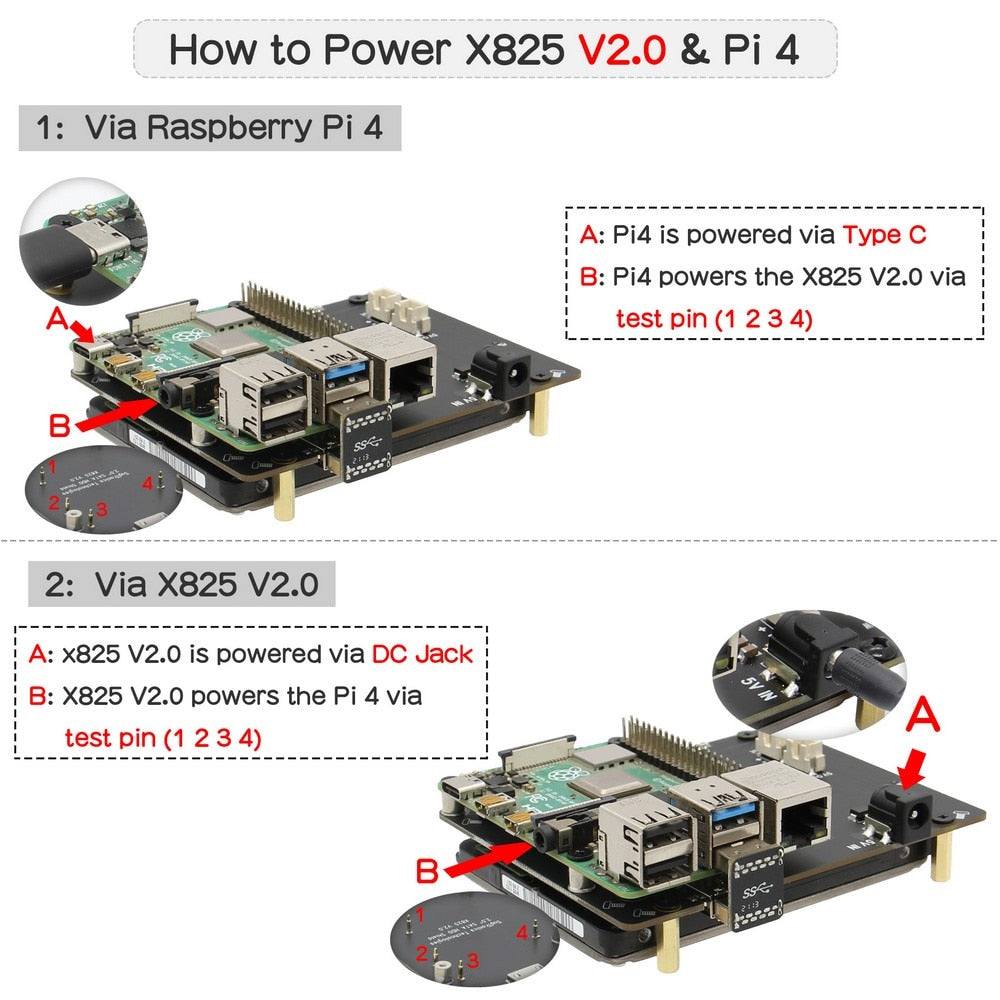 5V 3A Type-C Power Adapter  +  X825 V2.0 2.5 inch SATA HDD/SSD Board for Raspberry Pi 4 Model B