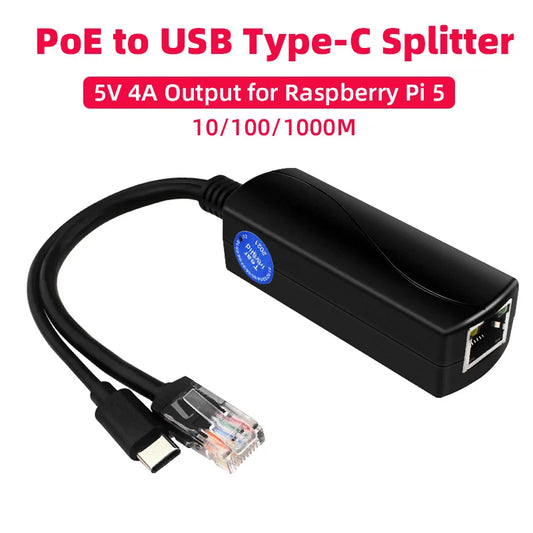 Custom 5V 4A     Pi 5 PoE Splitter 10/100/1000MB Network Gigabit IEEE 802.3 af/at Type-C to PoE for Pi 5 Pi5