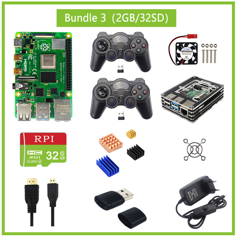 Raspberry Pi 4 2GB/4GB RAM + Acrylic Case + Gamepads Joystick +  Power Supply + Cooling Fan for Raspberry Pi 4 Model B customize