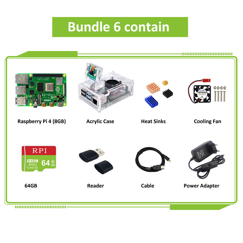 Raspberry Pi 4 Kit 2GB 4GB 8GB RAM Board+ 5MP Camera+ Acrylic Case+ Power Supply+ Heat Sinks for Raspberry Pi 4 Model B customize