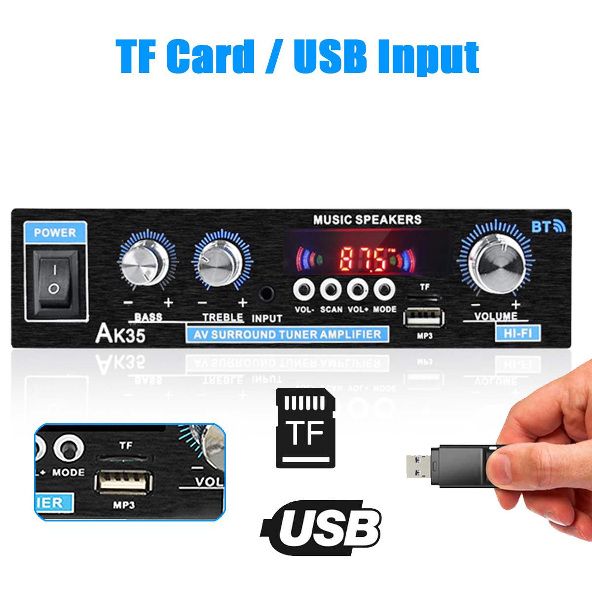 AK35 380 800W Home Digital Amplifiers Audio 110-240V Bass Audio Power BT Amplifier Hifi FM Auto Music Subwoofer Speakers