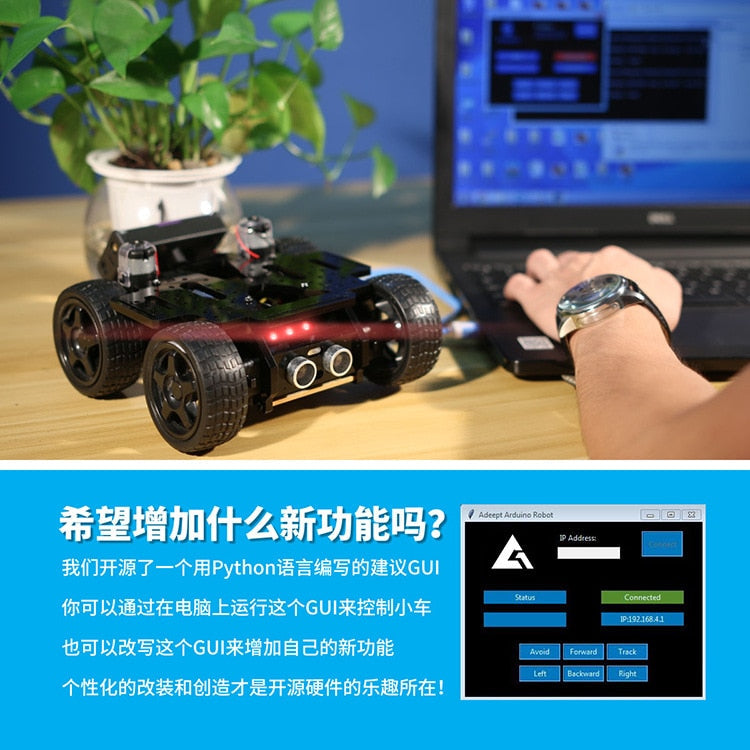 Educational Robot Four-Wheel Mechanical Arm Car Compatible with Arduino Open Source Hardware App Control Can Avoid Obstacles