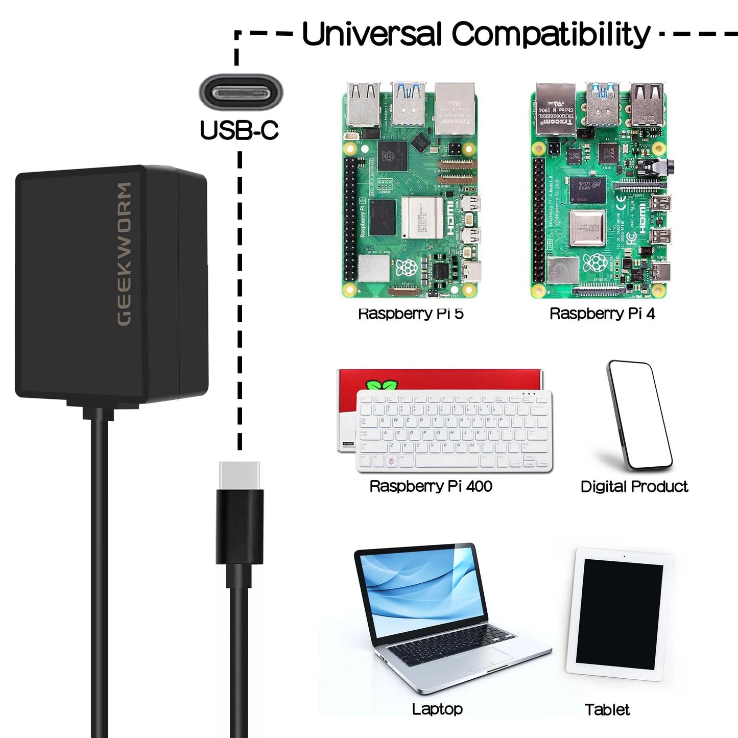 Custom PD 27W USB-C Power Supply,Type C Power Adapter for     Pi 5