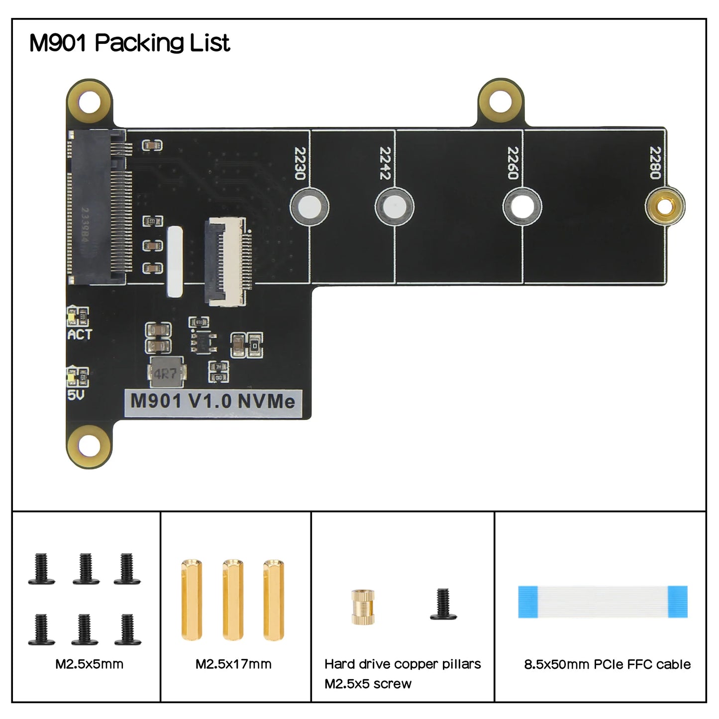 Custom M901 PCIe to M.2 NVMe SSD Board Shield for     Pi 5