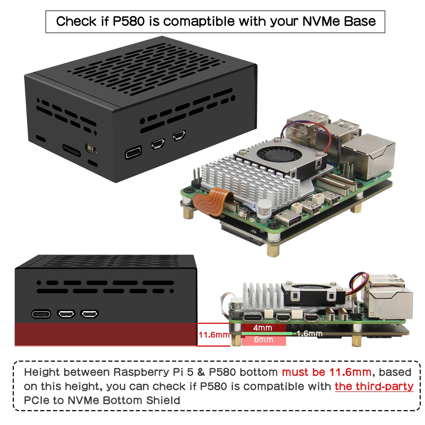 Custom Metal Case P580-V2 for     Pi 5 & X1002 / X1005 Board (NOT support X1000/X1001/X1003 Board!!!)