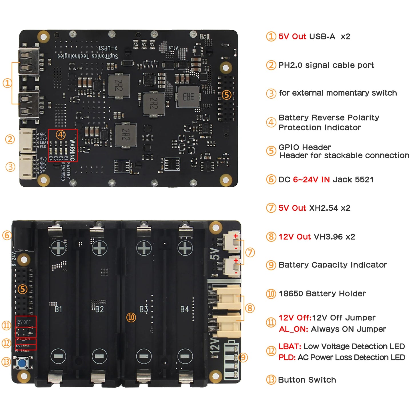 Custom X-UPS1 12V/5V Dual Output Universal Stackable UPS Shield for SBC Orange Pi 5/Jetson Nano/    Pi/Tinker Board etc.