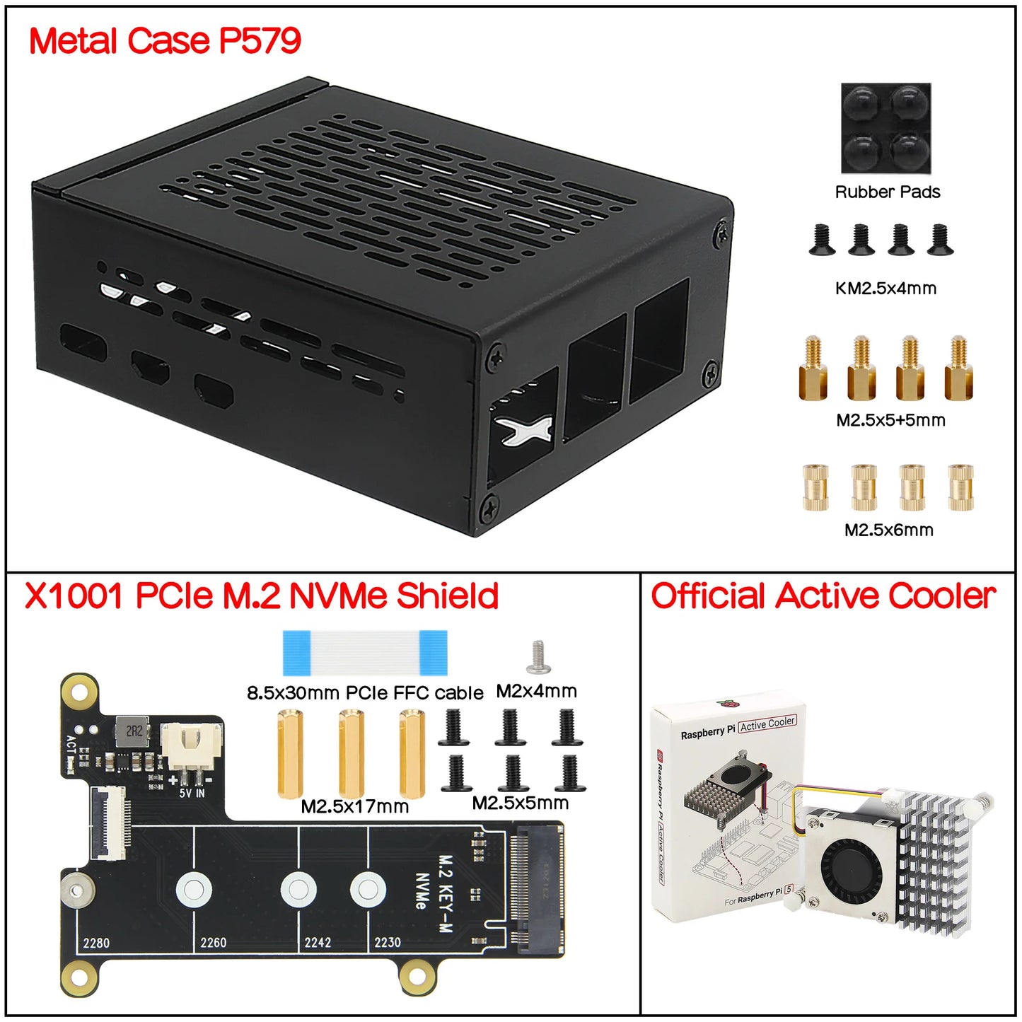 Custom X1001 PCIe to NVMe Shield with P579-V3 Metal Case for     Pi 5