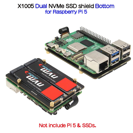 Custom X1005 Dual 2230/2242/2260/2280 NVMe SSD shield for     Pi 5