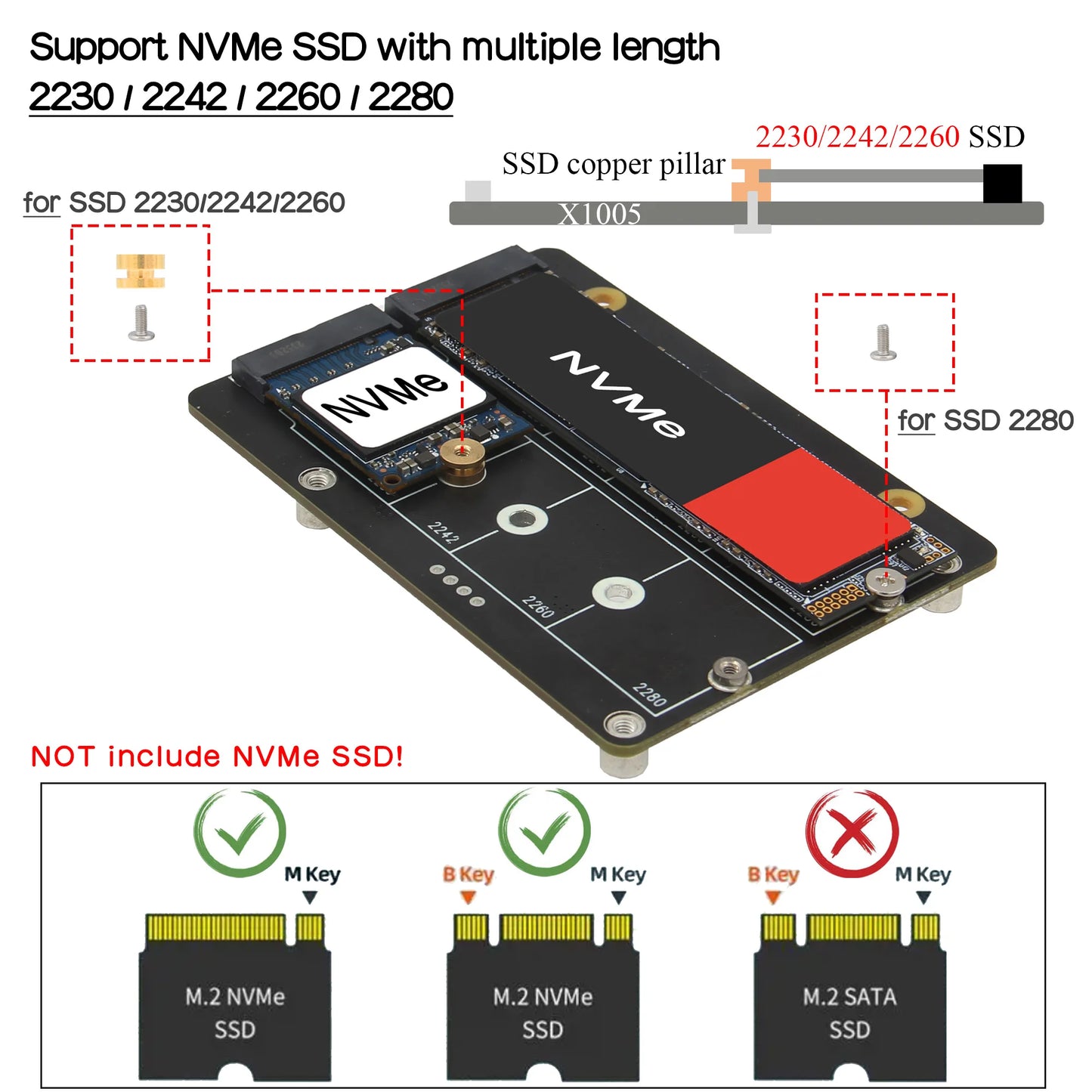 Custom X1005 Dual 2230/2242/2260/2280 NVMe SSD shield for     Pi 5