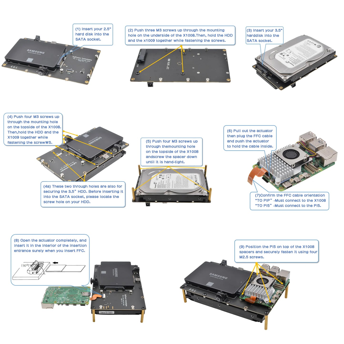 Custom X1008 PCIe to 2.5" SATA HDD/SSD+3.5" SATA HDD Shield for     Pi 5 (NOT Support Boot from HDD/SSD)