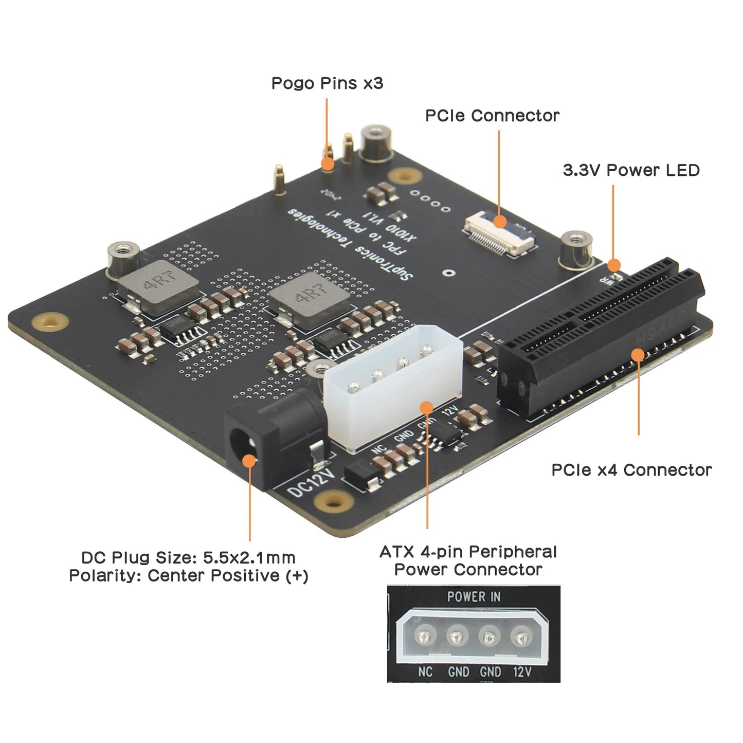 Custom X1010 V1.1 PCIe FFC Connector to Standard PCIe x4 slot Expansion Board for     Pi 5
