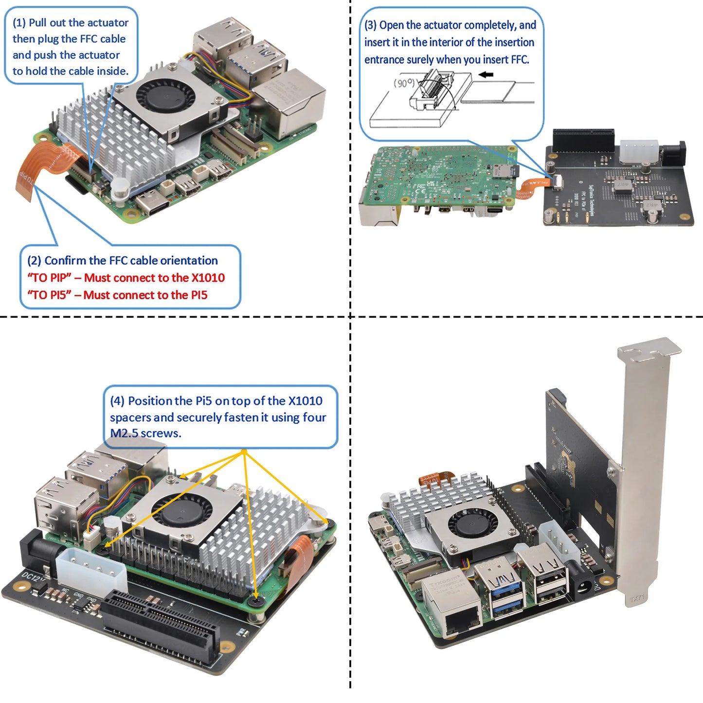 Custom X1010 V1.1 PCIe FFC Connector to Standard PCIe x4 slot Expansion Board for     Pi 5