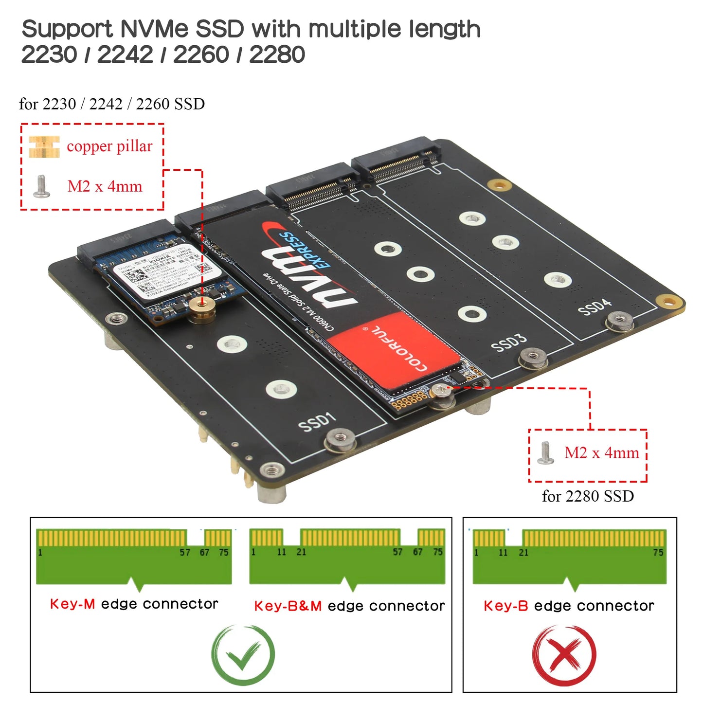 Custom X1011 PCIe to NVMe Shield support four 2280/2260/2242/2230 M.2 NVMe SSDs for     Pi 5