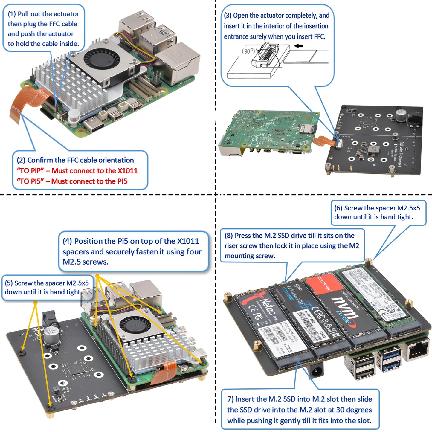 Custom X1011 PCIe to NVMe Shield support four 2280/2260/2242/2230 M.2 NVMe SSDs for     Pi 5