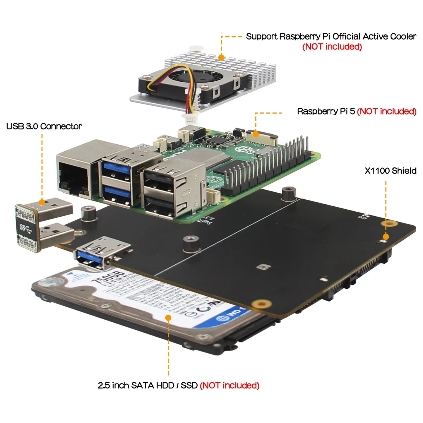 Custom X1100 2.5" SATA HDD / SSD Shield for     Pi 5