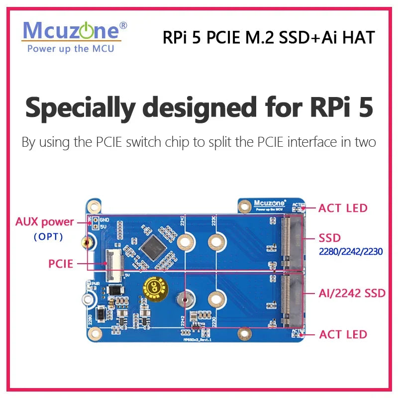 MPSAI Raspberry Pi 5 PCIE M.2 SSD+Ai HAT Support 2230/2242/2280 Size NVME SSD HAILO AI Custom OEM Robotics