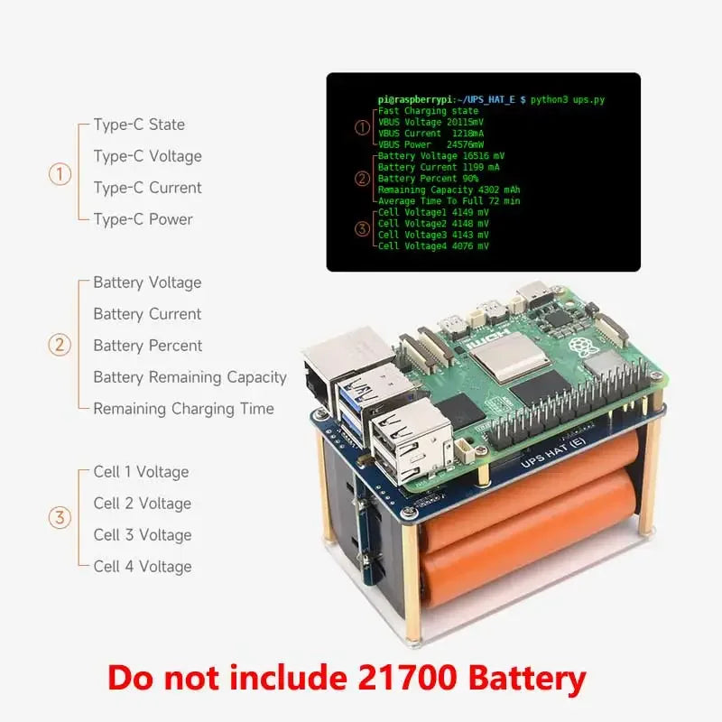 Raspberry Pi 5 UPS HAT (E) 5V 6A Output Uninterruptible Power Supply Supports 21700 Li batteries (NOT Included)