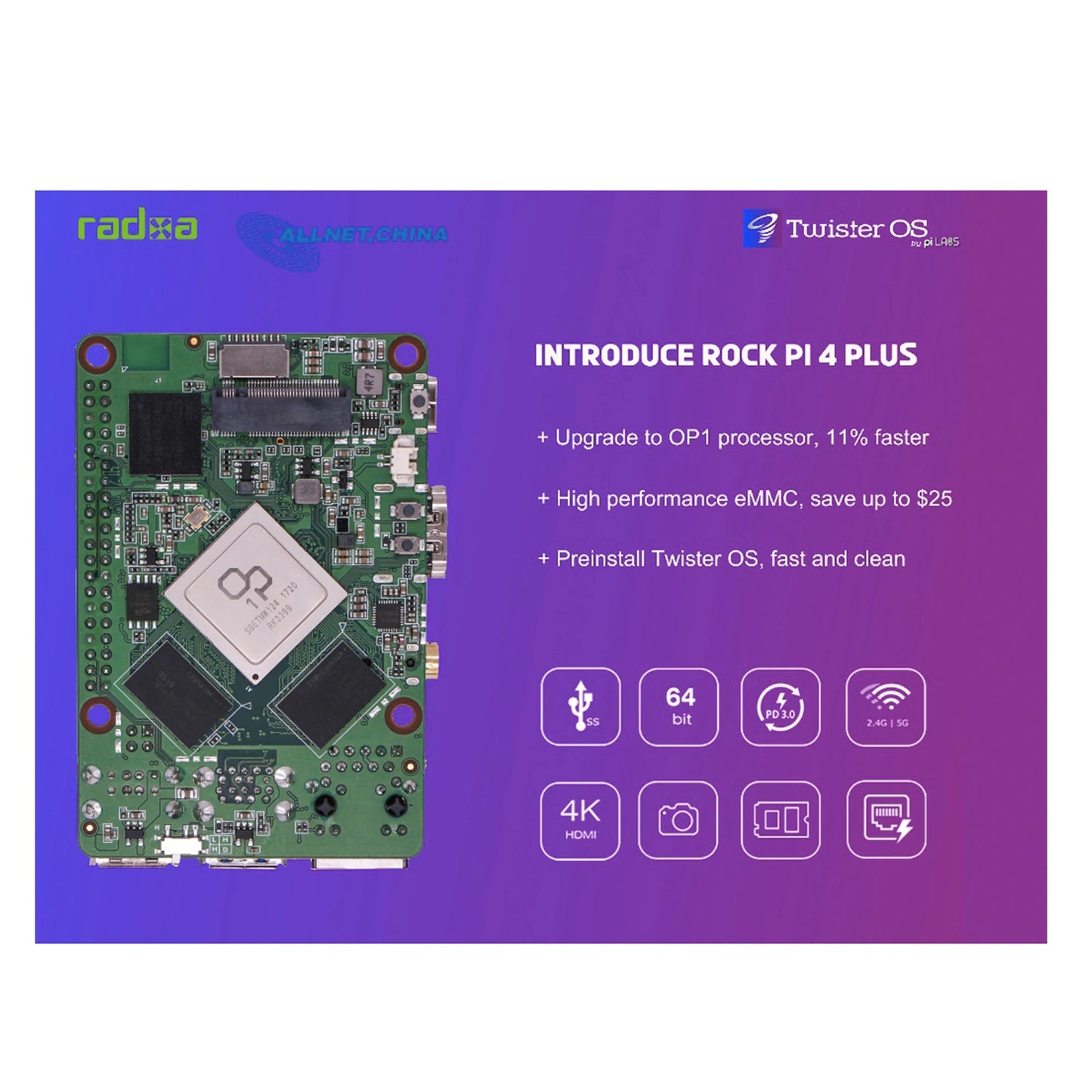 Custom ROCK Pi 4 Plus Model B Rockchip RK3399 SBC Single Board Computer eMMC flash pre-loaded with Twister OS Armbian Raspberry pi 4 Manufacturer