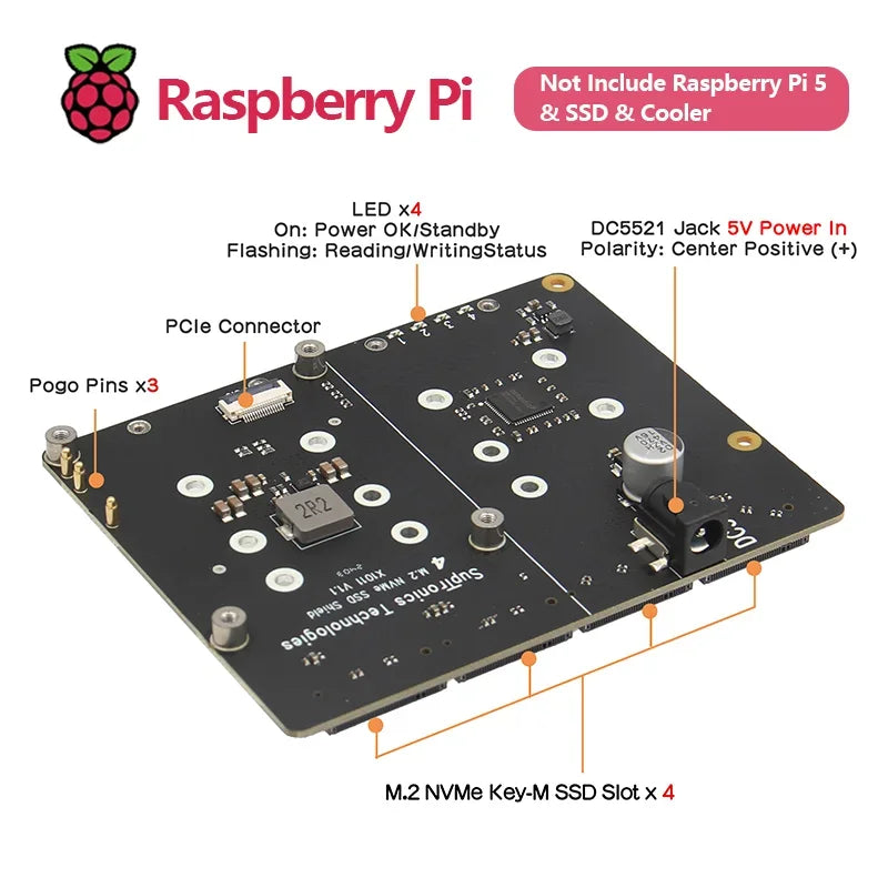 Custom X1011 PCIe To NVMe Shield Support Four 2280/2260/2242/2230 M.2 NVMe SSDs for Raspberry Pi 5 Custom