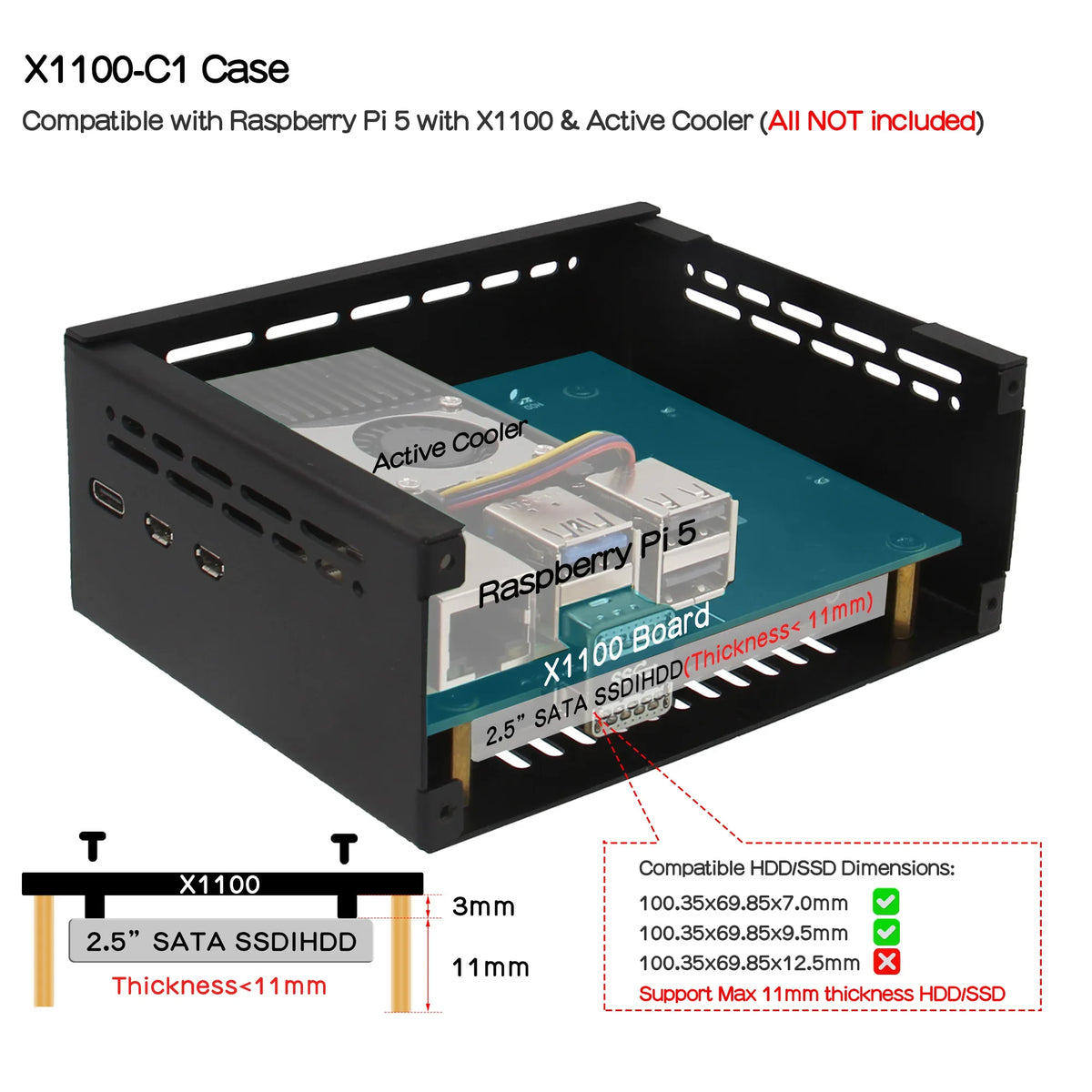 X1100-C1 Metal Case for Raspberry Pi 5 X1100 2.5" SATA SSD Board NOT support X1011 board