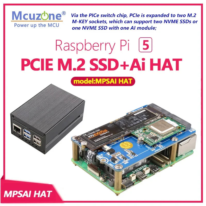 MPSAI Raspberry Pi 5 PCIE M.2 SSD+Ai HAT Support 2230/2242/2280 Size NVME SSD HAILO AI Custom OEM Robotics