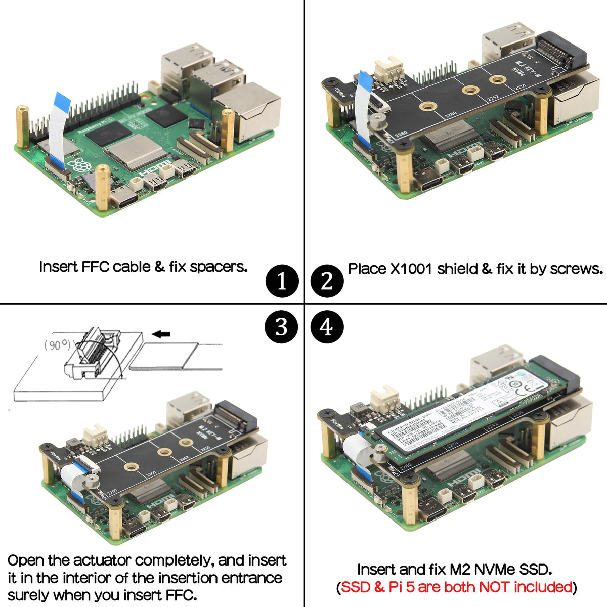 Custom  X1001 PCIe to NVMe M.2 SSD Shield Board for Raspberry Pi 5