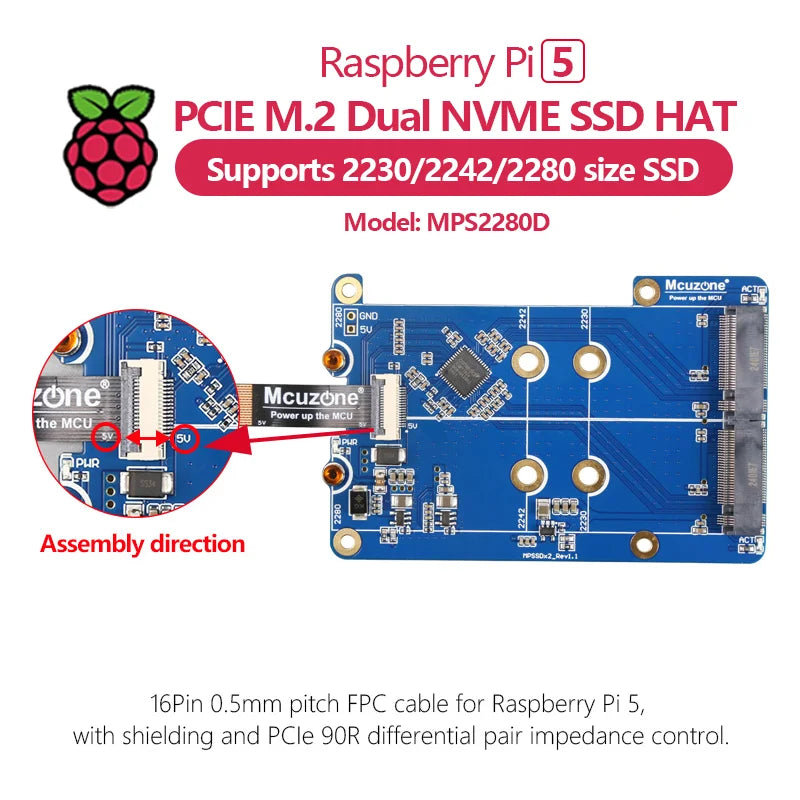 MPS2280D Raspberry Pi 5 Educational PCIE M.2 Dual NVME SSD HAT Support 2280/2242/2230 SSD