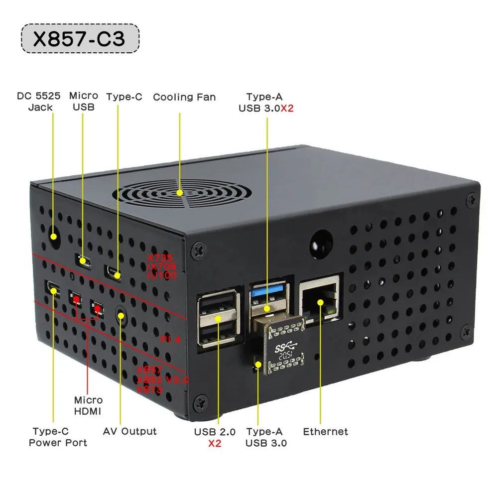 Custom Raspberry Pi 4 Model B mSATA SSD X857 V2.0 Shield + X735 Power Management Board + X857-C3 Matching Metal Case Manufacturer