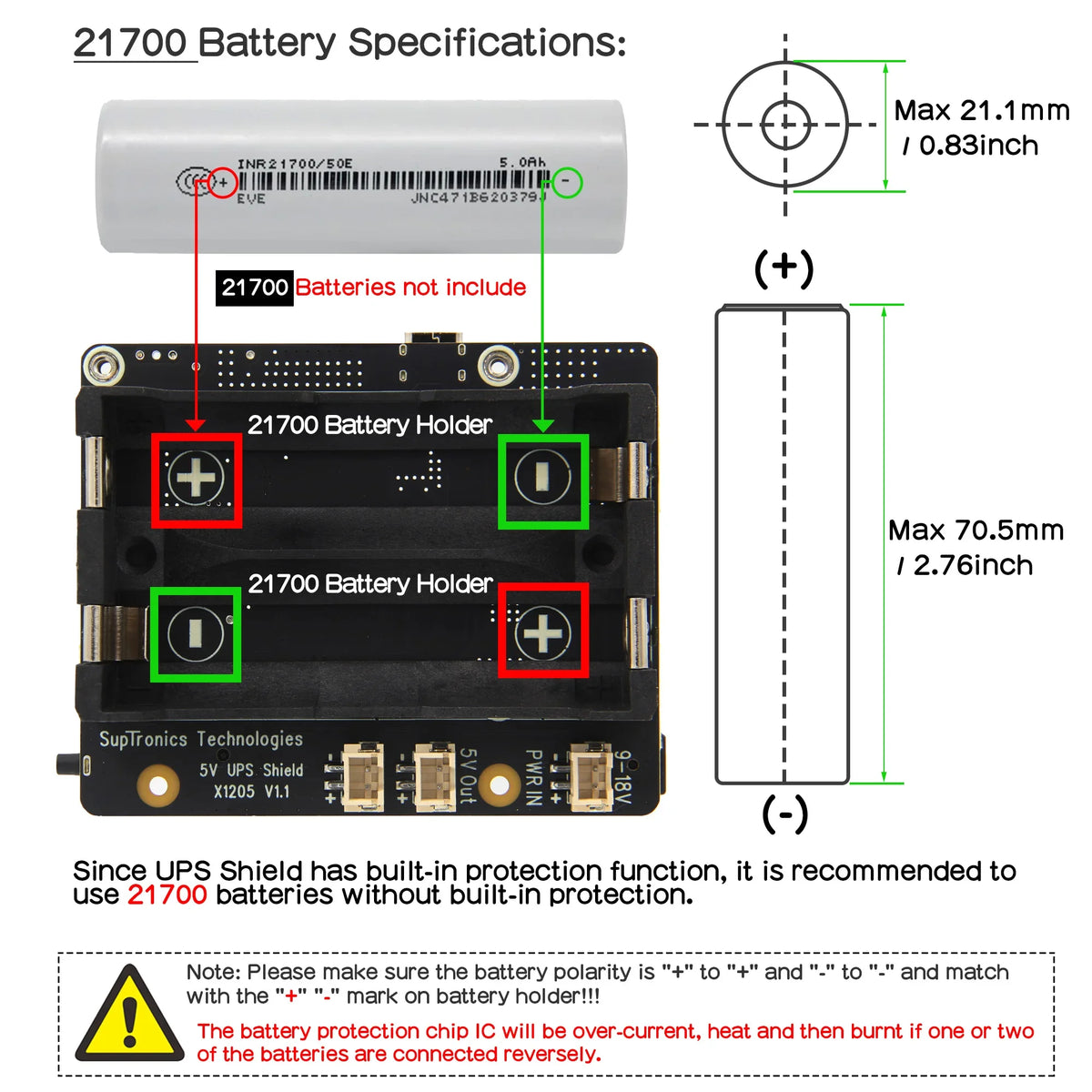 X1205 21700 5V UPS & Power Management Board Compatible with 2 Cell 21700 Batteries for Raspberry Pi 5