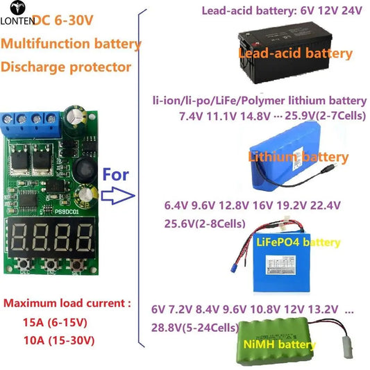 Custom 15A DC 6-30V Lead-acid NiMH LiFePO4 Li-ION Li-PO LiFe polymer lithium battery discharge protection board Module Manufacturer