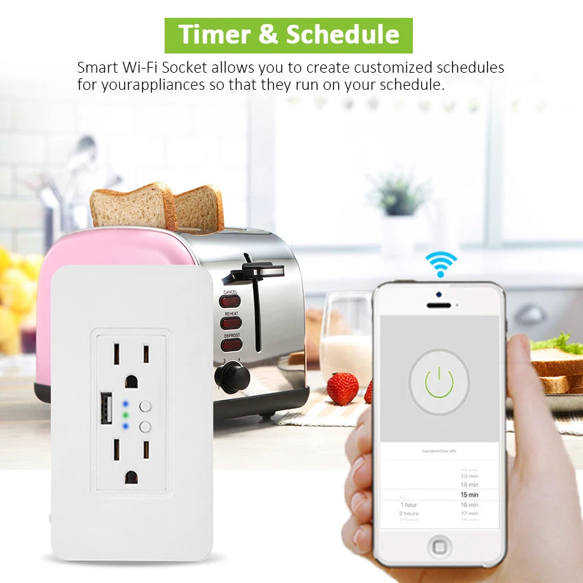 Custom Wifi Wall Power Electric Socket 2 USB Outlets Plug Timer Socket US Standard Smart Remote Control Work with Alexa Google Home Manufacturer