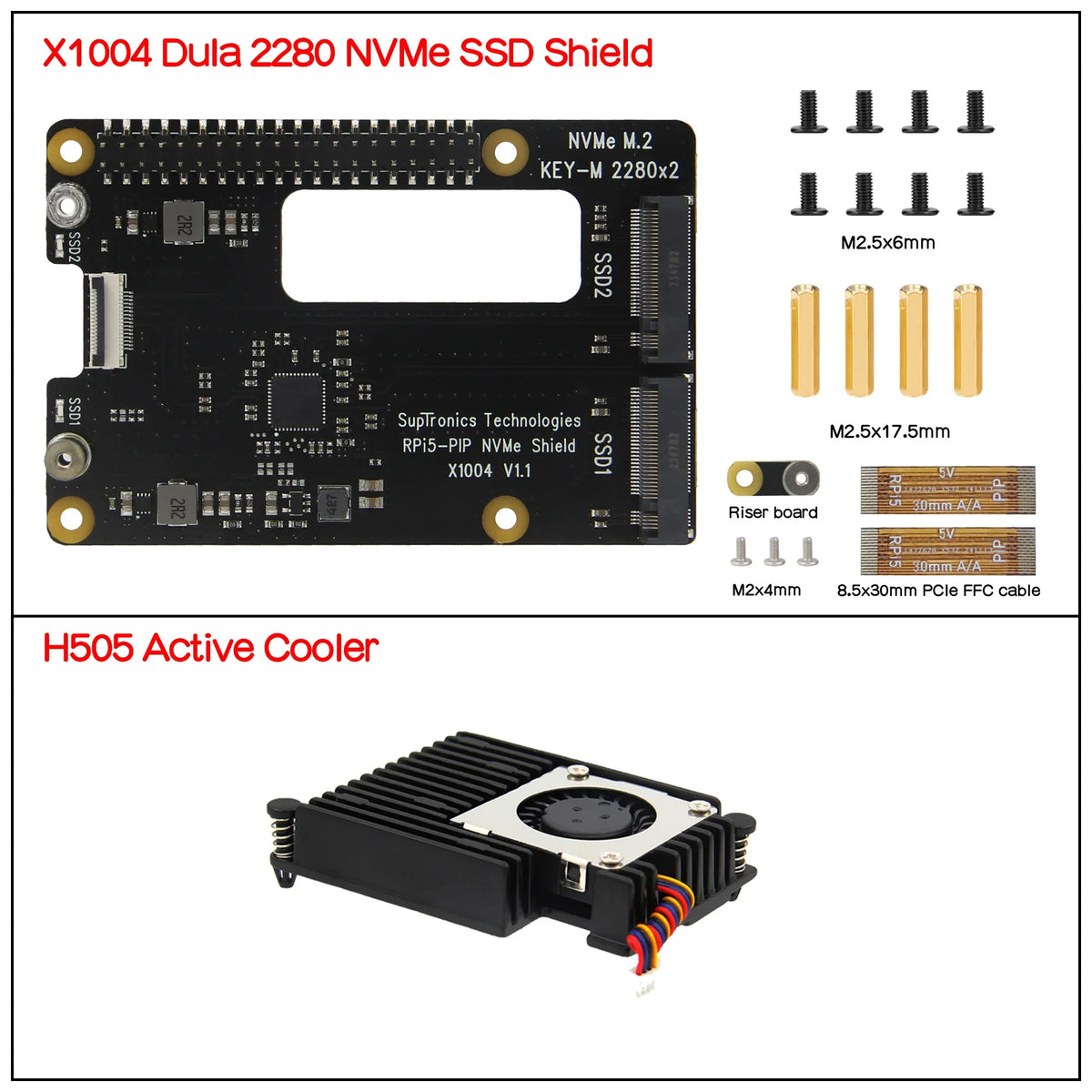 X1004 Dual 2280 NVMe SSD shield with Cooler for Raspberry Pi 5