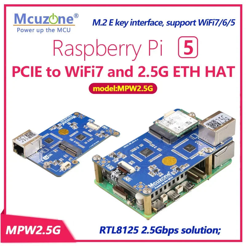 MPW2.5G Raspberry Pi 5 PCIE To WiFi7 and 2.5G ETH HAT,M.2 E Key Interface, Support WiFi7, WiFi6, WiFi5 Custom