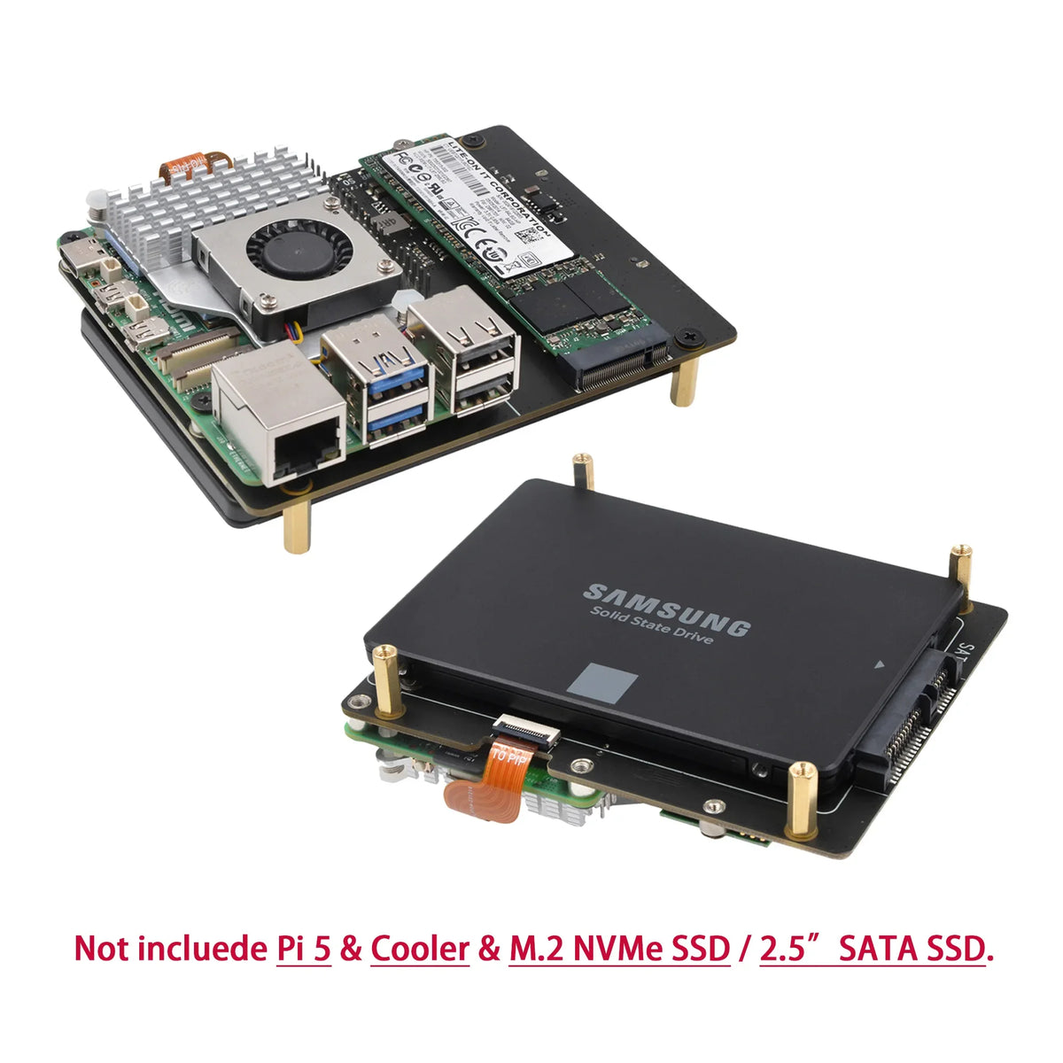 X1006 PCIe to 2.5" SATA SSD/HDD+M.2 2280 SSD Shield for Raspberry Pi 5 (NOT Support Boot From SSD)