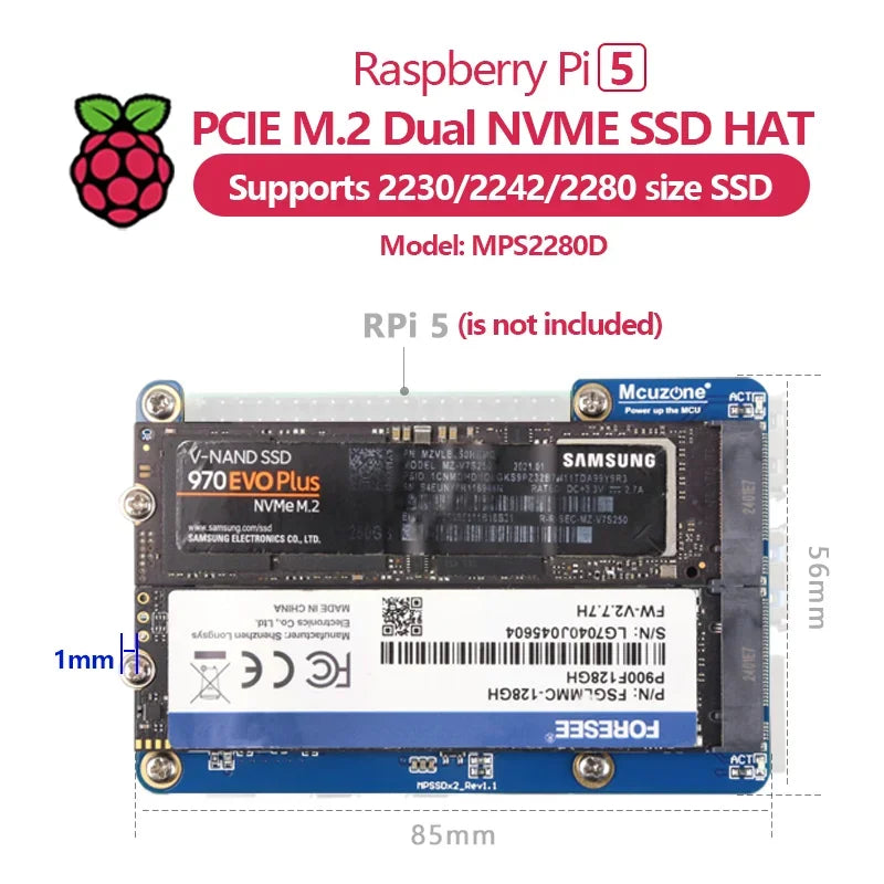 MPS2280D Raspberry Pi 5 PCIE M.2 Dual NVME SSD HAT support 2280/2242/2230 SSD Custom  Custom