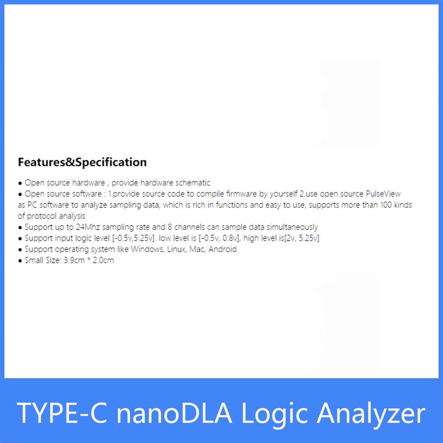 Custom TYPE-C nanoDLA Logic Analyzer ARM FPGA Debugging Tool Protocol Analysis 24MHz SampleRate 8 Channels Open Source Sigrok PulseView Manufacturer