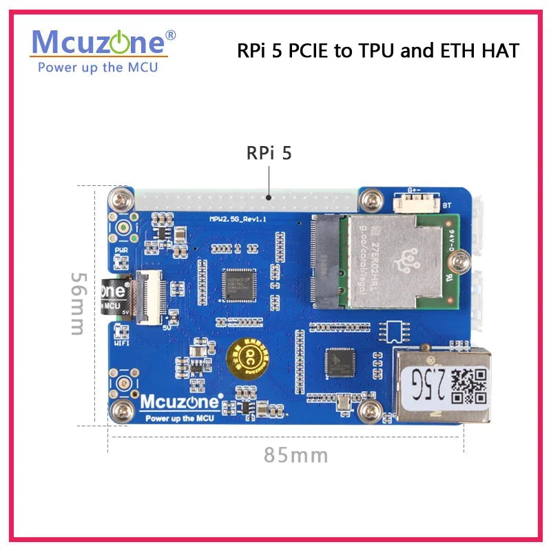MP2.5G-TPU  Raspberry Pi 5 PCIE to TPU and 2.5G Ethernet HAT M.2 E key interface, support Google coral Edge TPU Custom