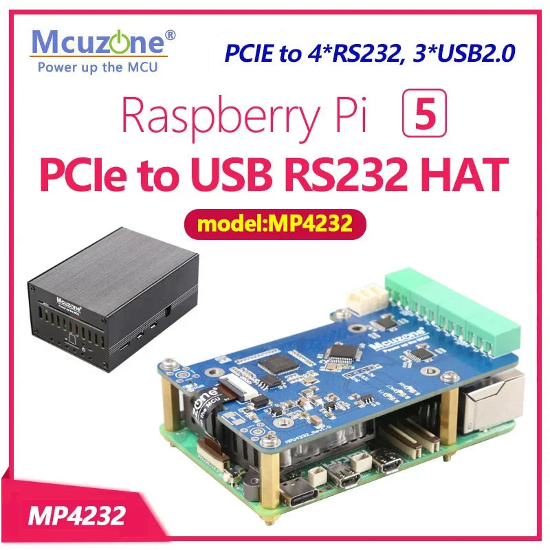 MP4232 Raspberry Pi 5 PCIE to USB RS232 HAT with 3*USB2.0 Driver Free Custom Case-Electronic Components