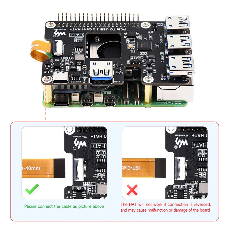 Custom PCIe To USB 3.2 Gen1 HAT for Raspberry Pi 5 PCIe to USB HUB 4x High Speed USB Ports Plug and Play HAT+ for RPI 5